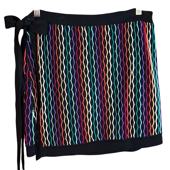 Revolve NBD Sweater Knit Benton Wrap Mini Skirt Tie/Button Black/Multi Stripe Lg - Picture 1 of 8